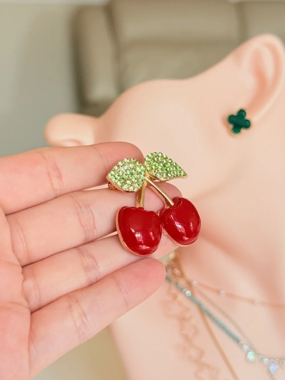 Green Leaf and Red Cherry with Crystal Pin Brooch